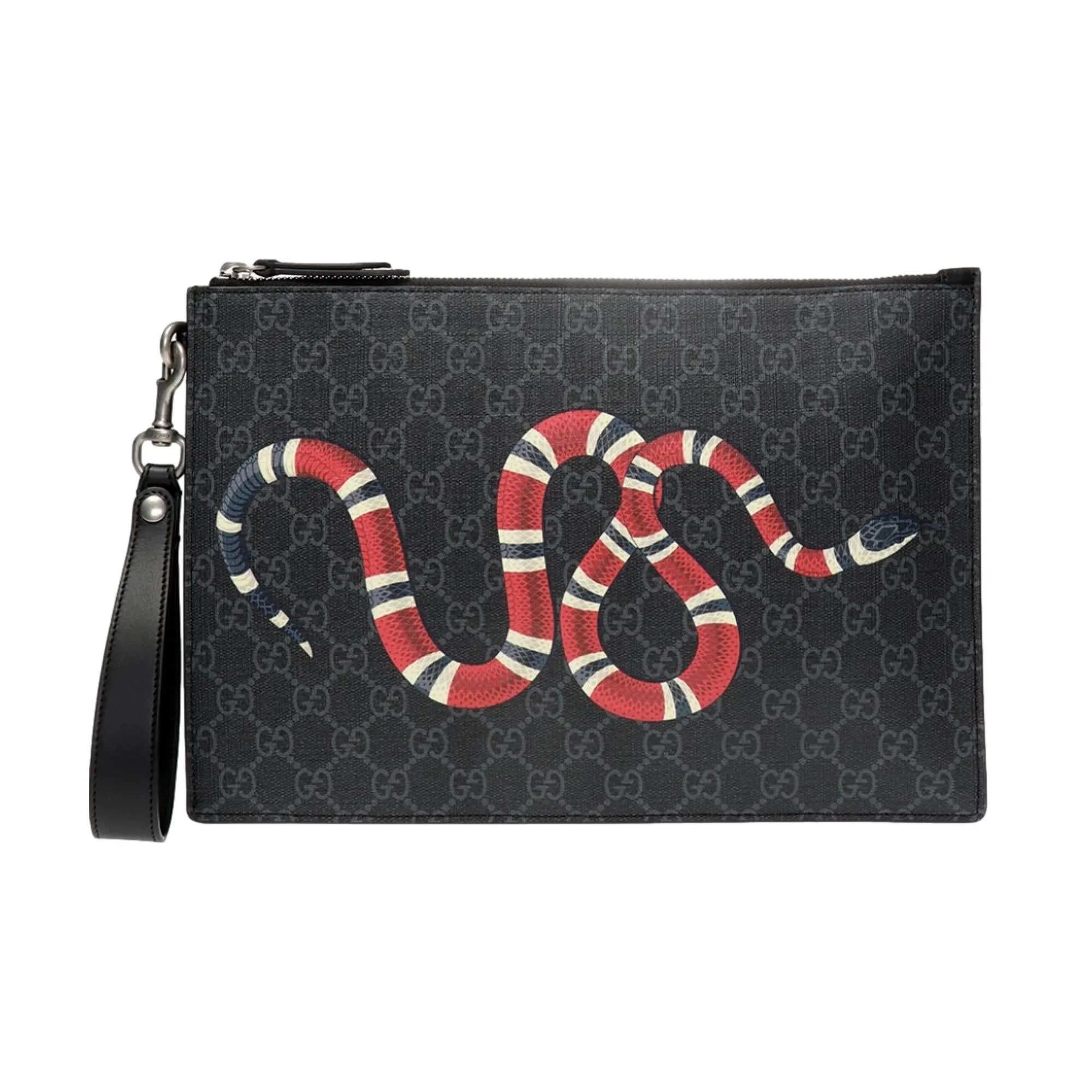 Gucci Bestiary Kingsnake Black GG Supreme Canvas Wristlet Clutch