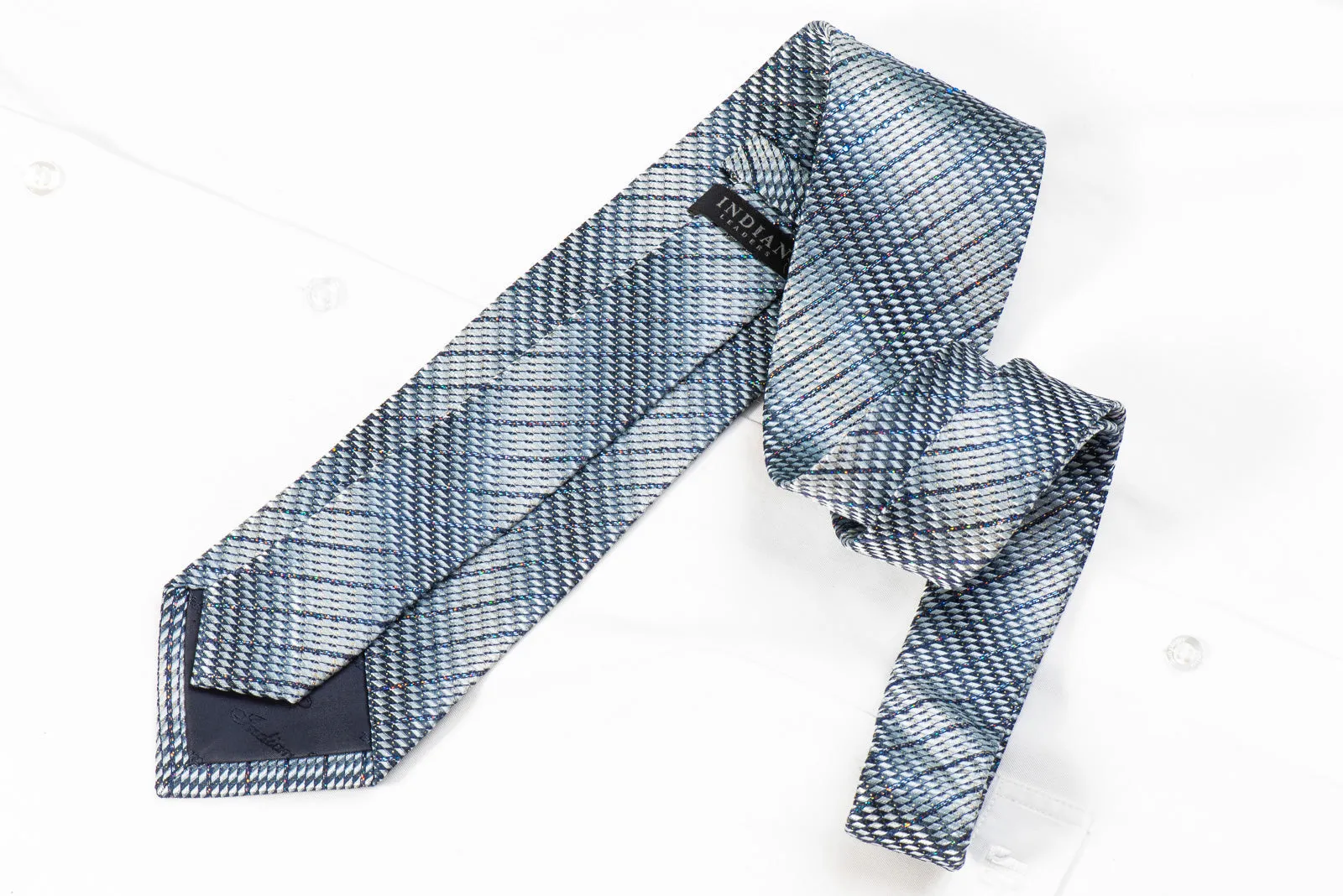 Indian Leaders Men's Crystal Tie Silver Blue Geometric With Silver Sparkles