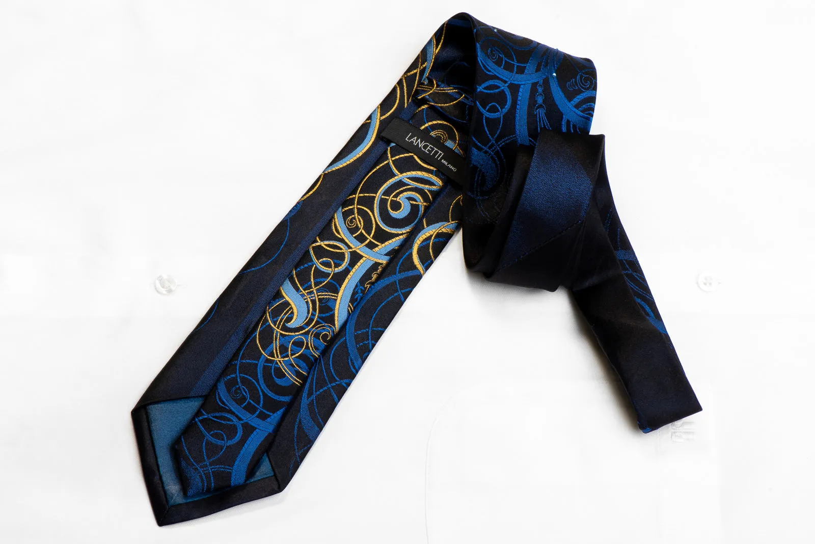 Lancetti Rhinestone Silk Necktie Blue Gold Scrolls On Navy With Sparkles