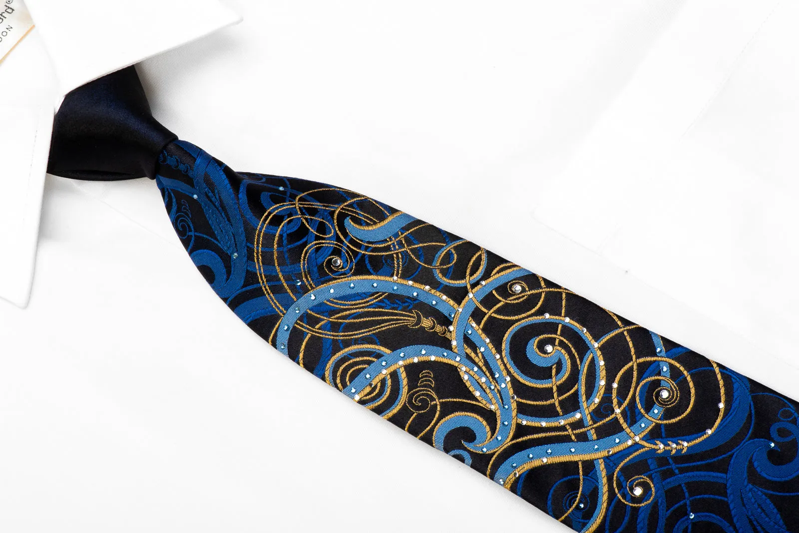 Lancetti Rhinestone Silk Necktie Blue Gold Scrolls On Navy With Sparkles