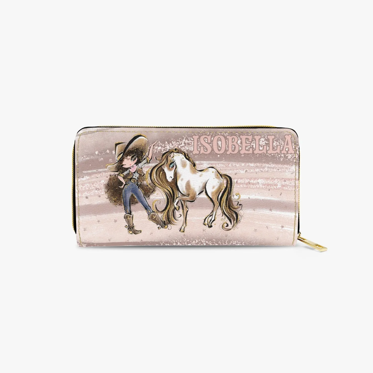 Long Type Zipper Purse, Howdy Cowgirl & Horse, Brunette Curly Hair Brown Eyes, Personalised