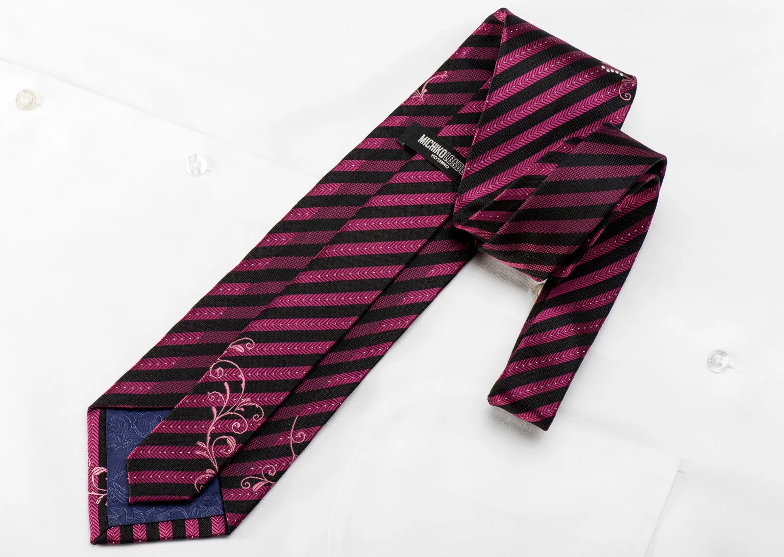 Michiko Koshino Men's Crystal Rhinestone Silk Tie Purple Navy Striped With Scrolls & Sparkles