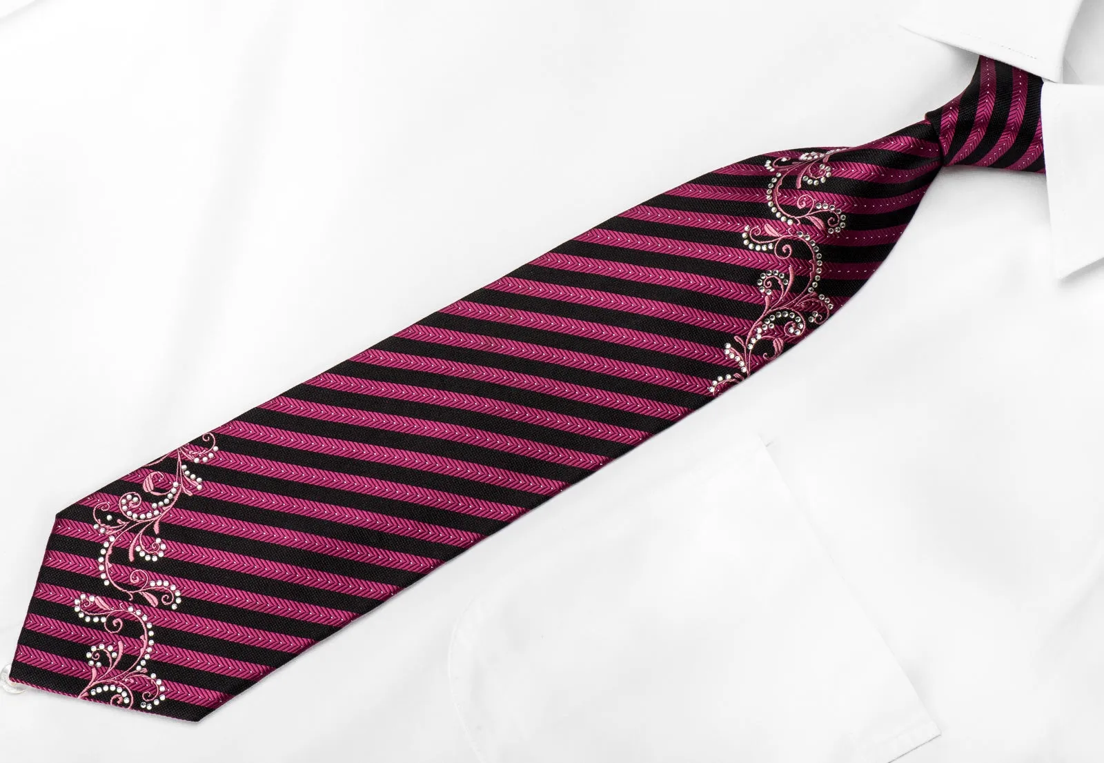 Michiko Koshino Men's Crystal Rhinestone Silk Tie Purple Navy Striped With Scrolls & Sparkles