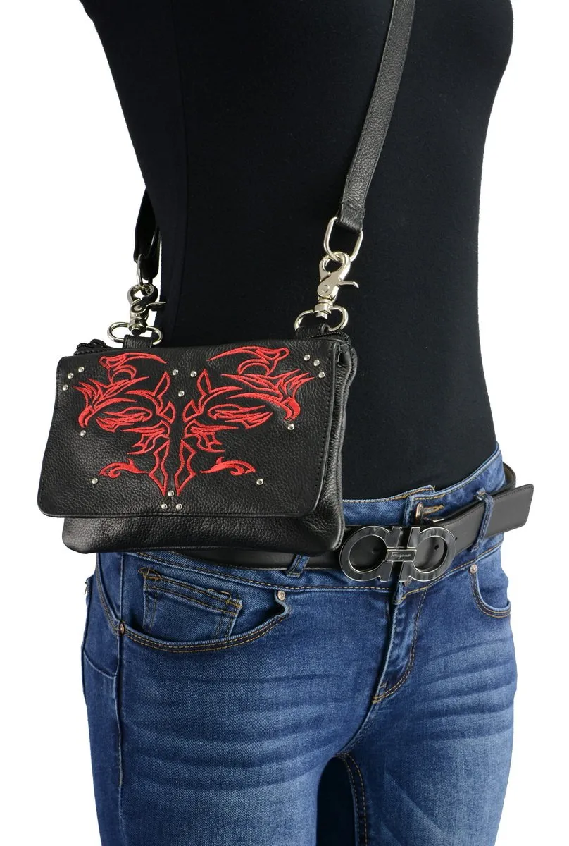 Milwaukee Leather MP8852 Women's Black and Red Leather Multi Pocket Belt Bag