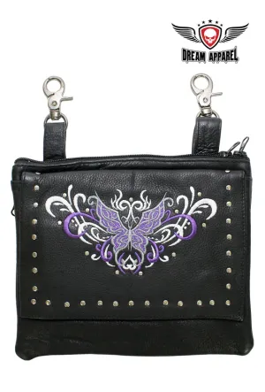 Naked Cowhide Leather Purple Butterfly Belt Bag W/ Studs