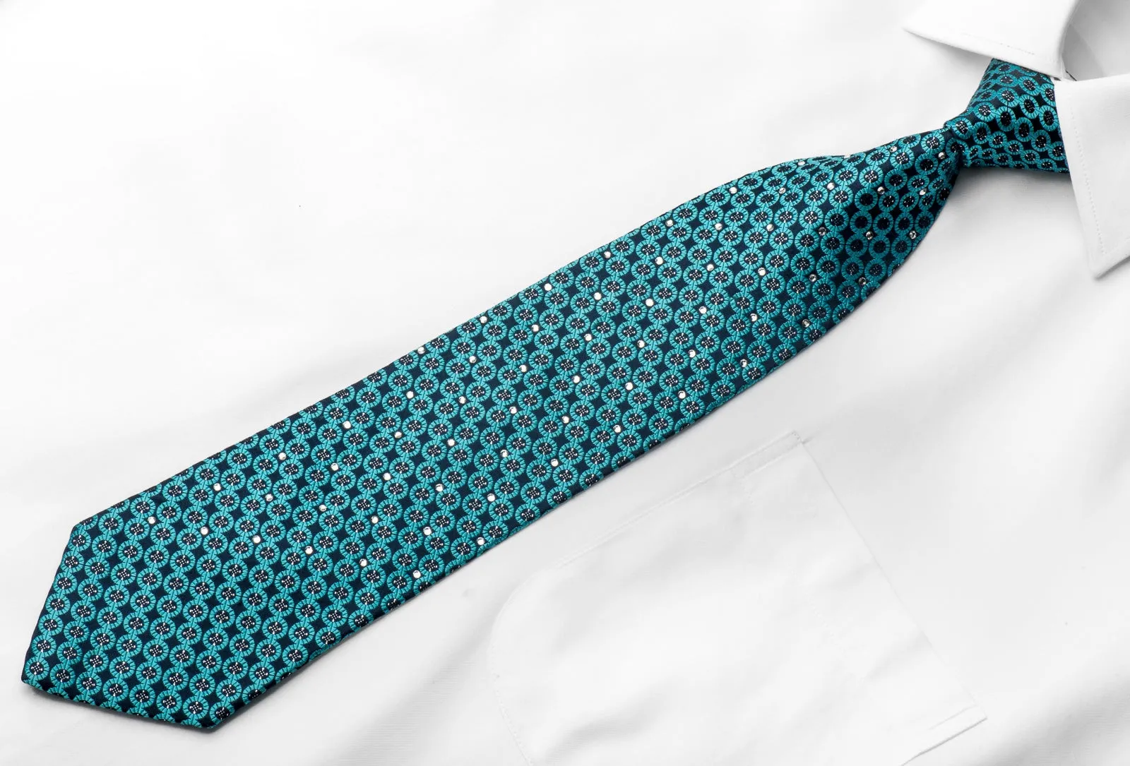 Nina Ricci Men's Crystal Rhinestone Silk Necktie Geometric Circles On Turquoise With Silver Sparkles