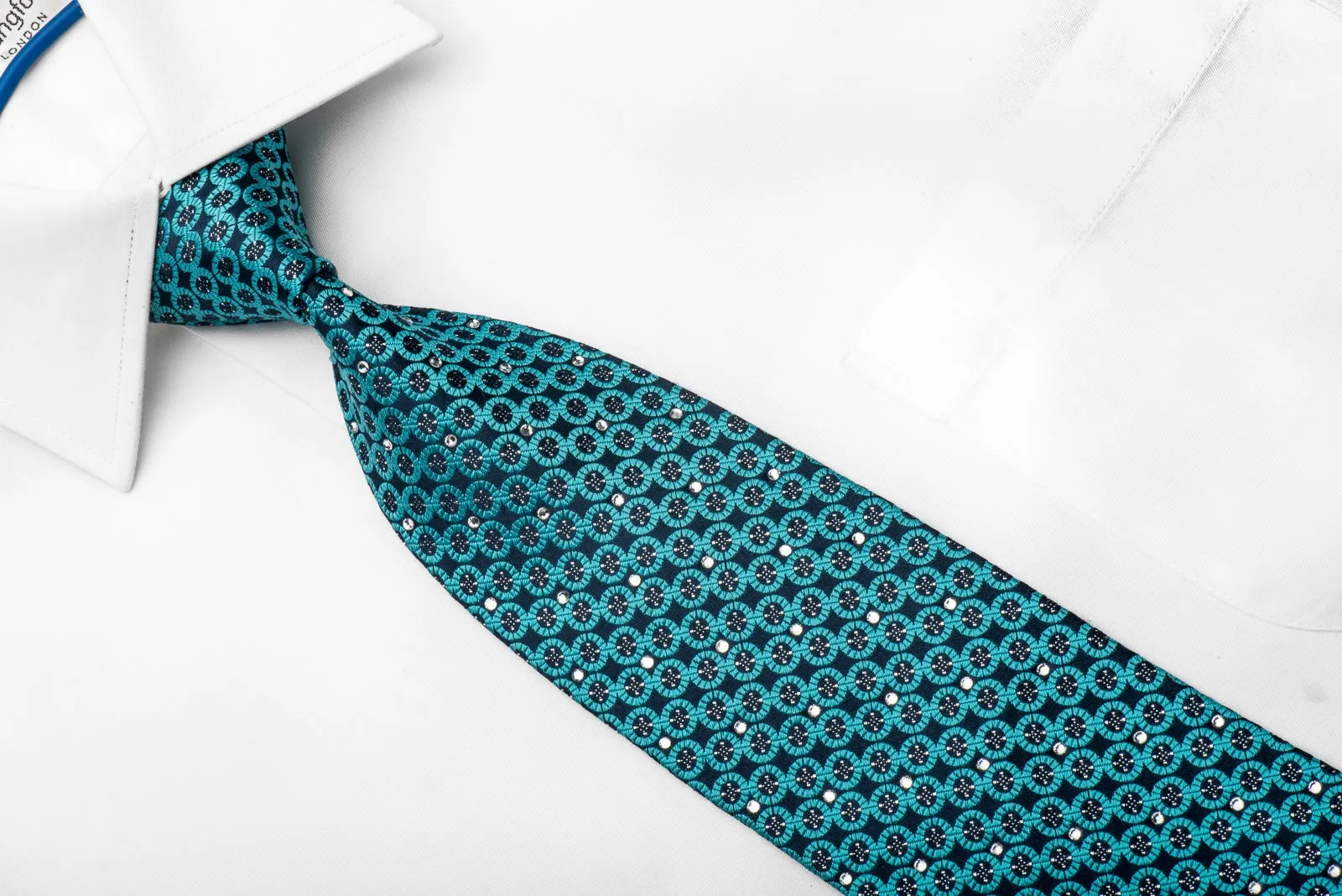 Nina Ricci Men's Crystal Rhinestone Silk Necktie Geometric Circles On Turquoise With Silver Sparkles