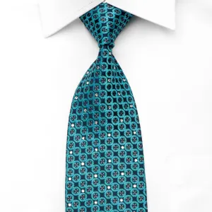 Nina Ricci Men's Crystal Rhinestone Silk Necktie Geometric Circles On Turquoise With Silver Sparkles