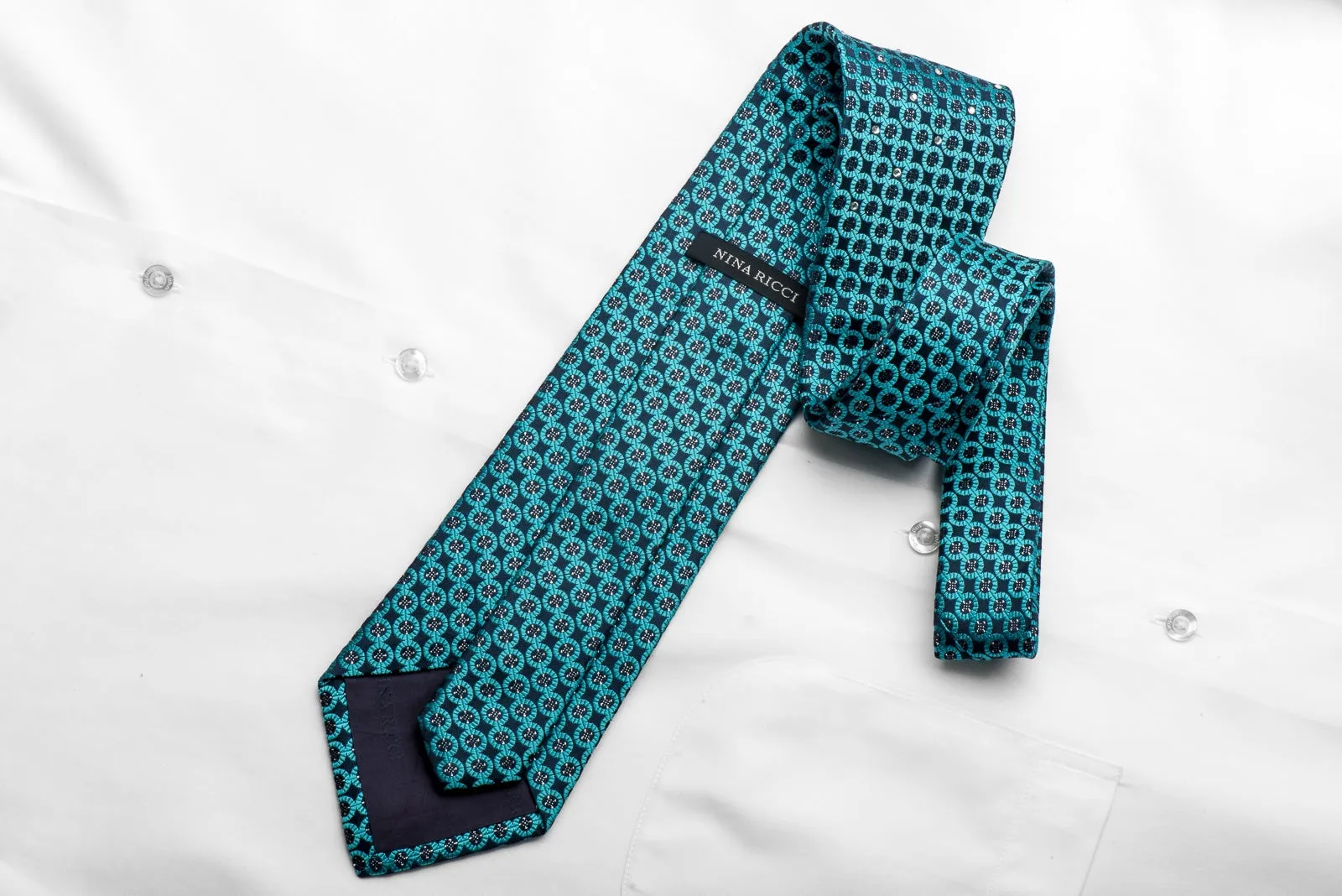 Nina Ricci Men's Crystal Rhinestone Silk Necktie Geometric Circles On Turquoise With Silver Sparkles