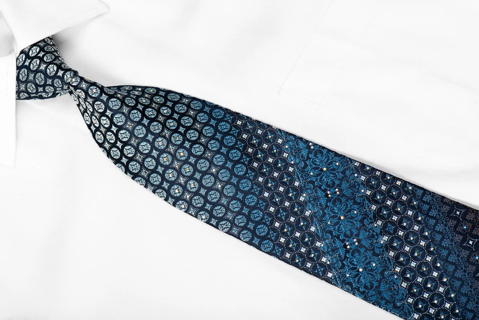 Nina Ricci Mens Crystal Rhinestone Silk Tie Brown Blue Geometric Cartouche On Navy With Sparkles