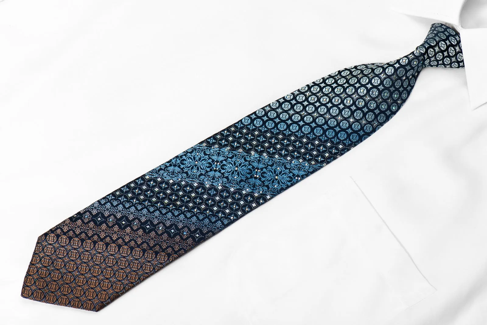 Nina Ricci Mens Crystal Rhinestone Silk Tie Brown Blue Geometric Cartouche On Navy With Sparkles