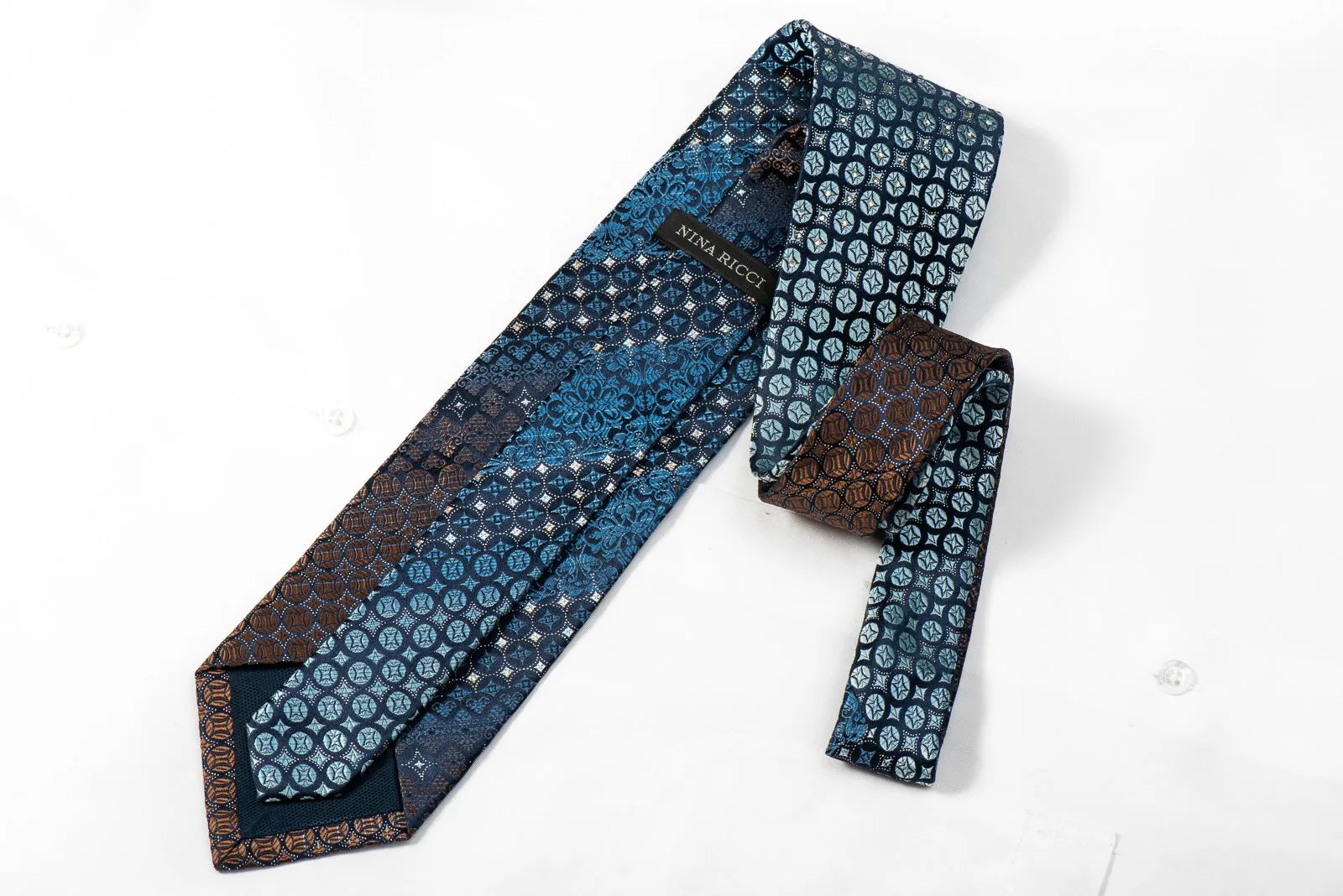 Nina Ricci Mens Crystal Rhinestone Silk Tie Brown Blue Geometric Cartouche On Navy With Sparkles