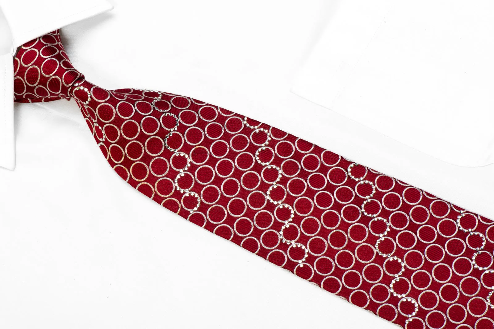 Nina Ricci Rhinestone Silk Tie Silver Circles On Burgundy