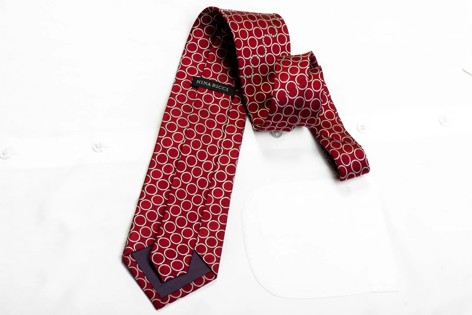 Nina Ricci Rhinestone Silk Tie Silver Circles On Burgundy