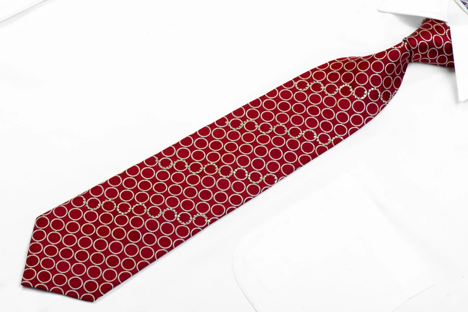 Nina Ricci Rhinestone Silk Tie Silver Circles On Burgundy