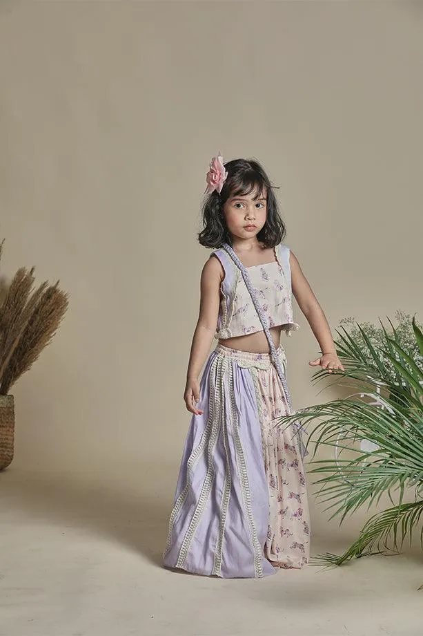 Peach Animal Print Lehanga with Strappy Blouse and Potli Bag Set for Girls