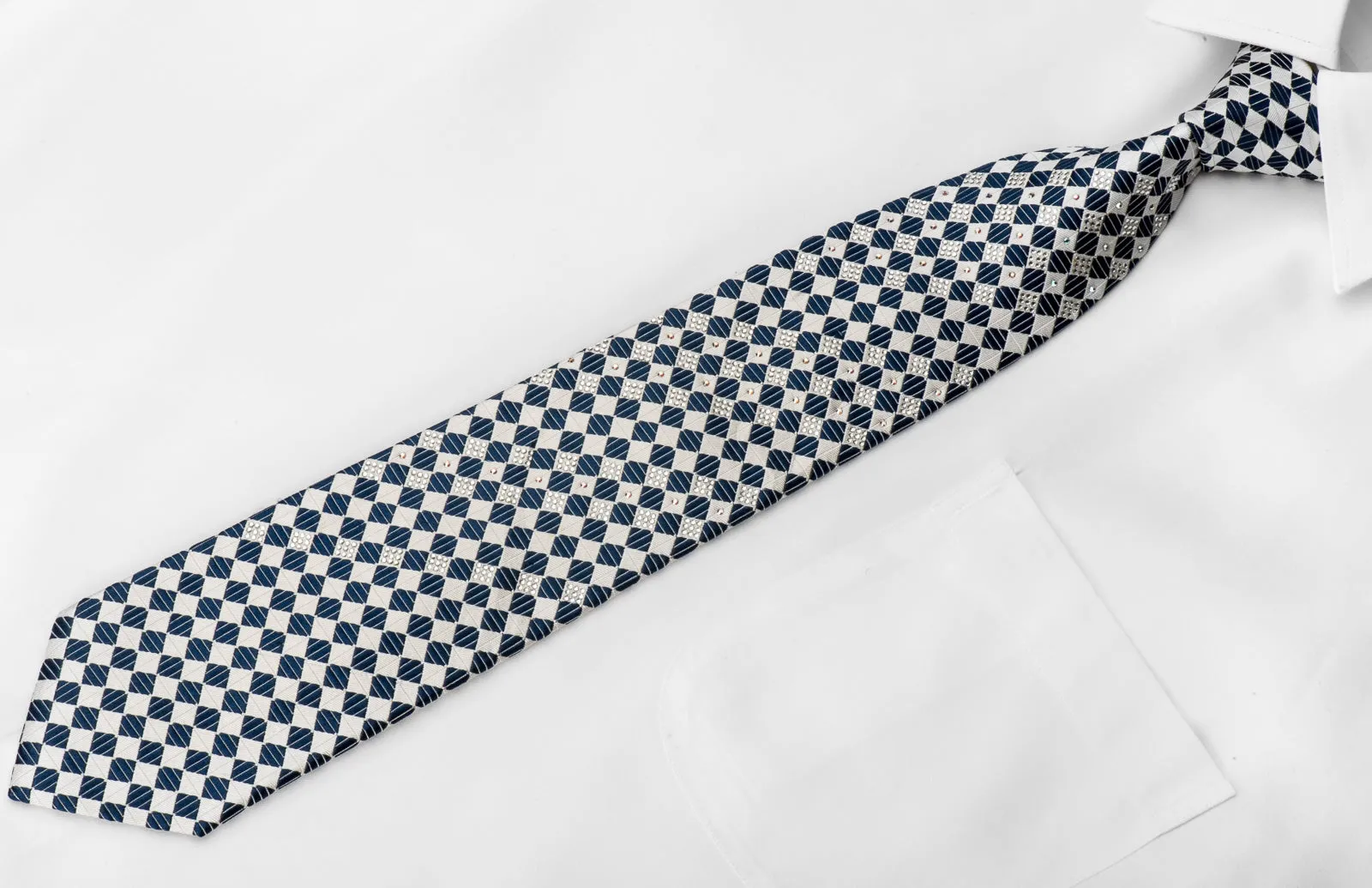 Pierre Cardin Men's Crystal Rhinestone Tie White Blue Checkered Silk With Silver Sparkles