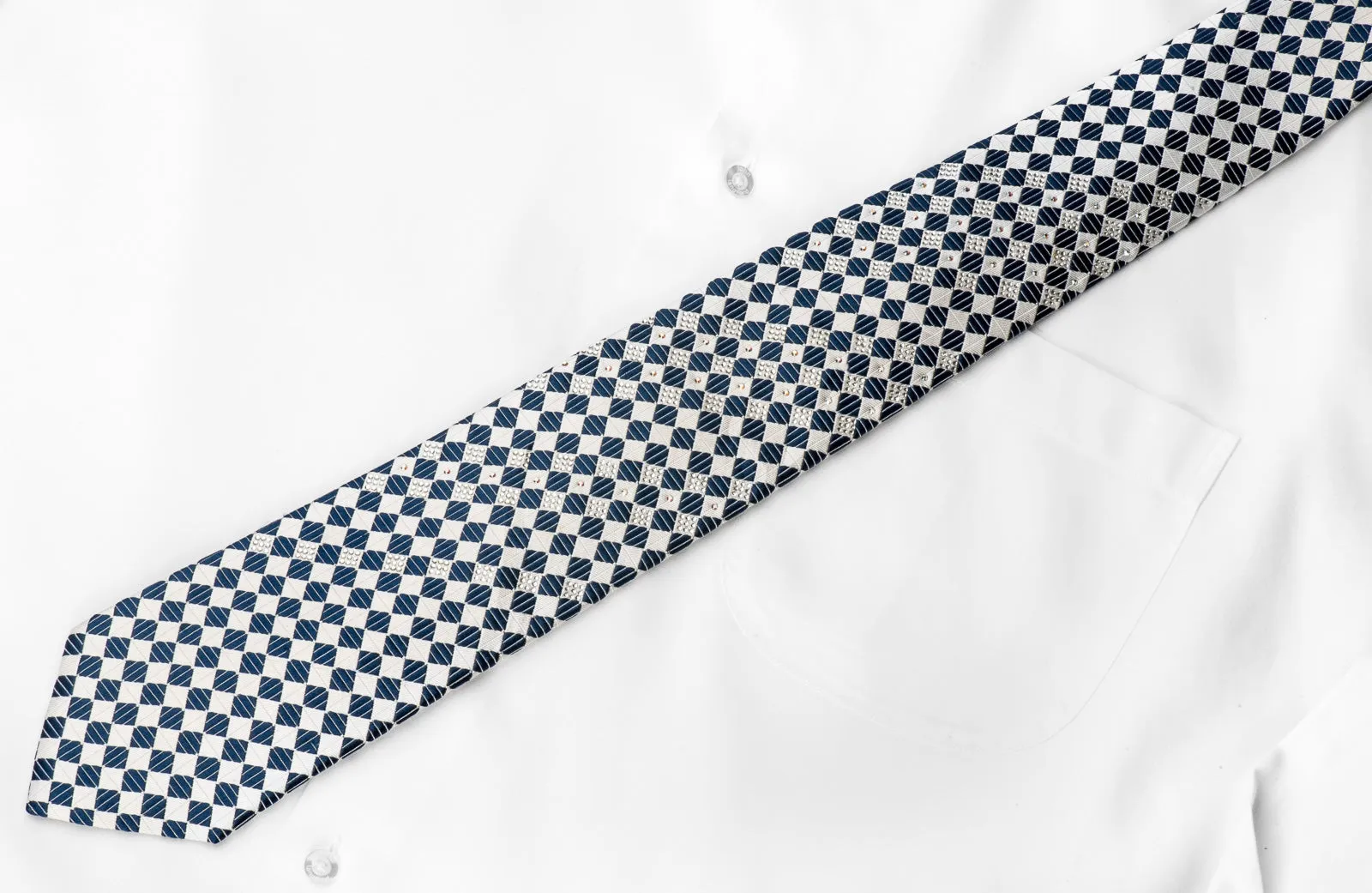 Pierre Cardin Men's Crystal Rhinestone Tie White Blue Checkered Silk With Silver Sparkles