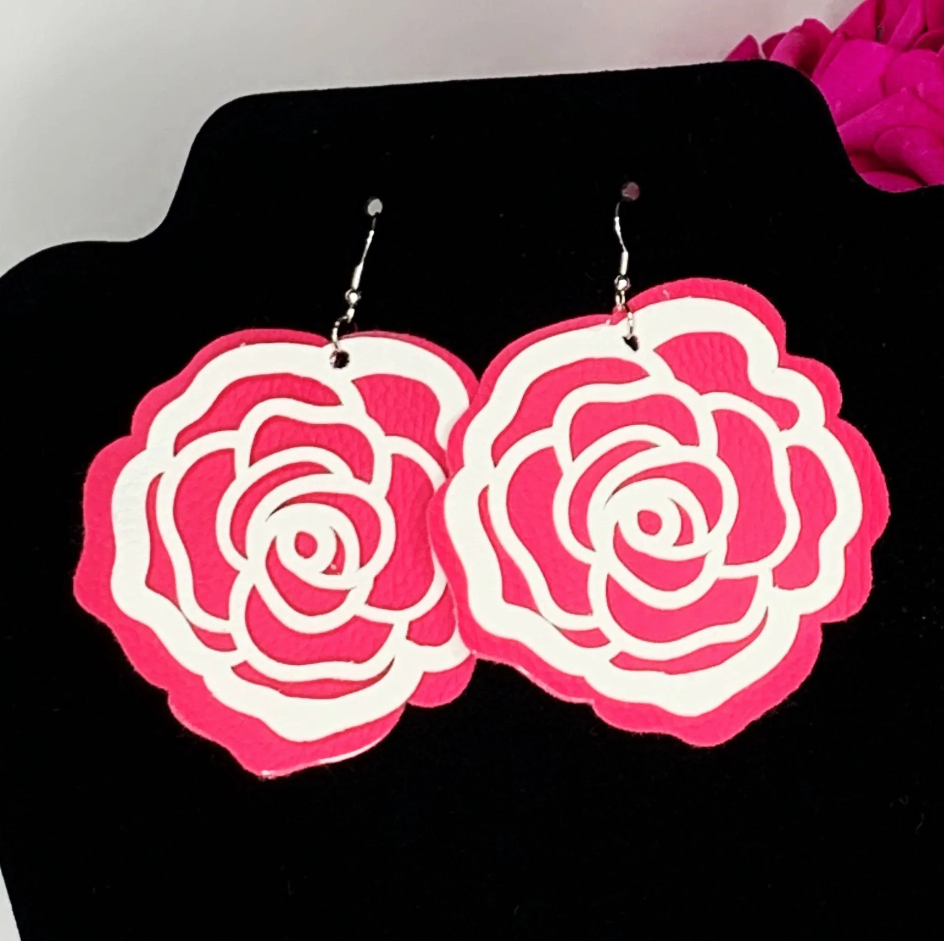 Pink and White Leatherette Bloom Earrings