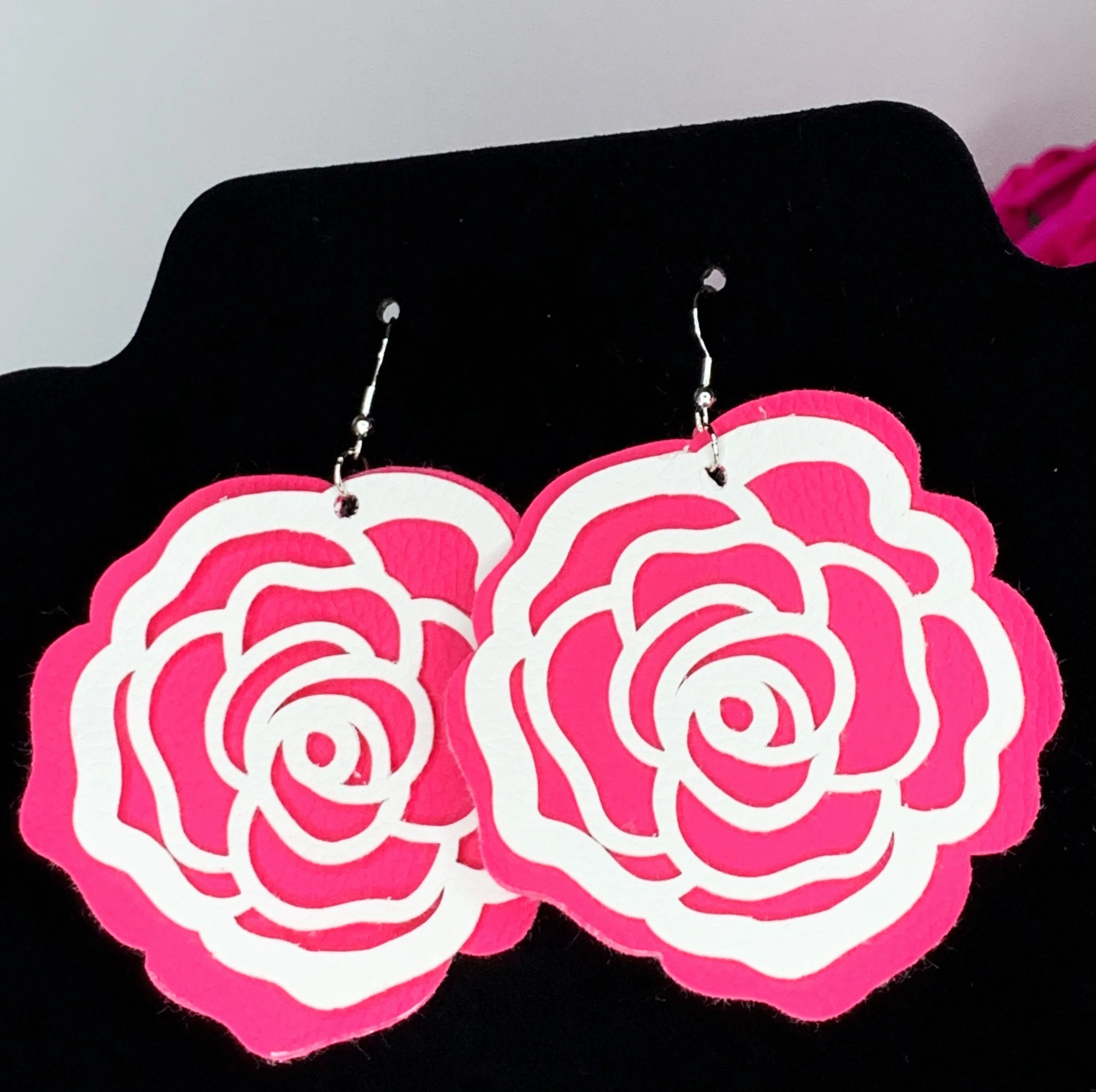 Pink and White Leatherette Bloom Earrings