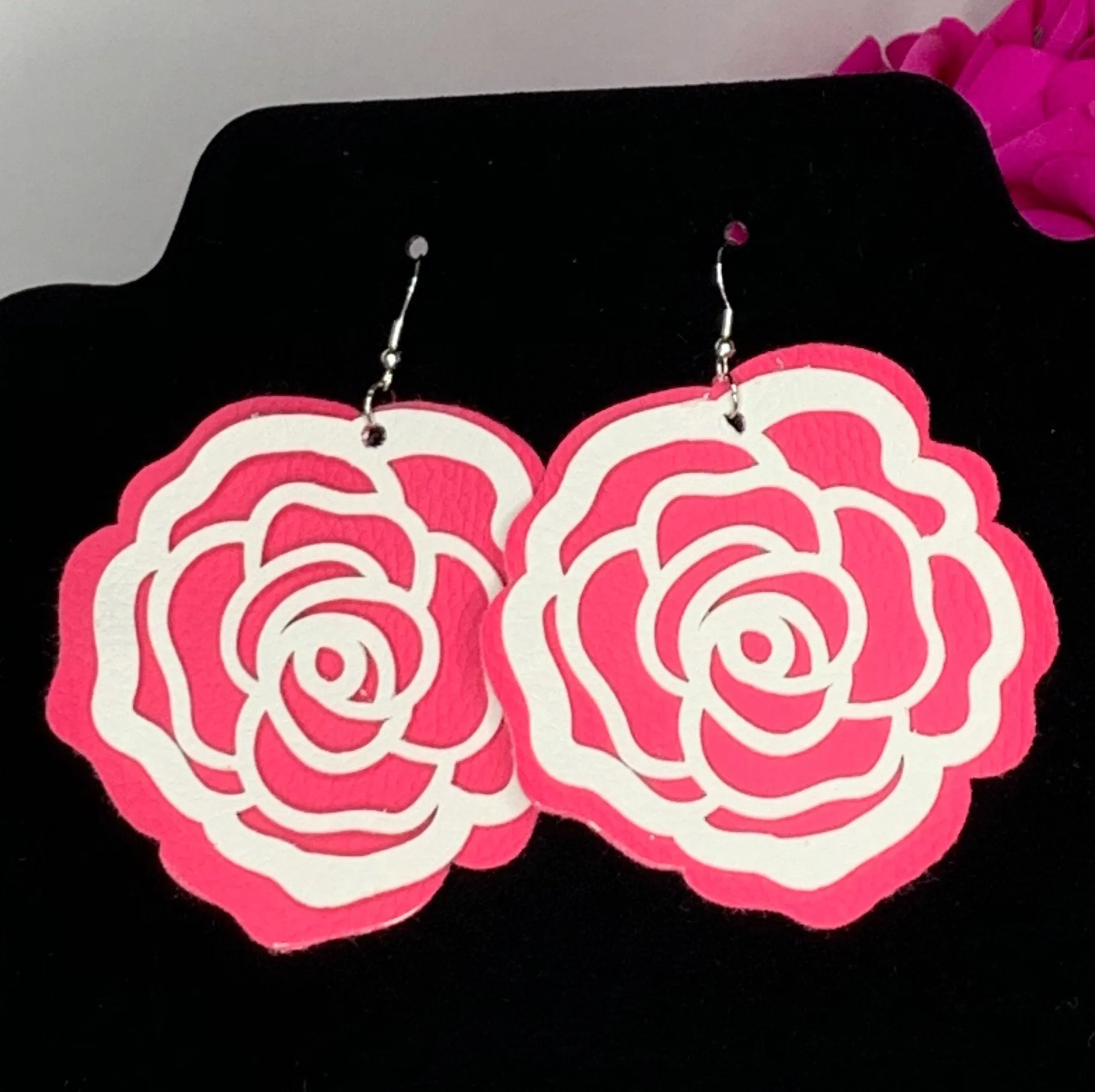 Pink and White Leatherette Bloom Earrings