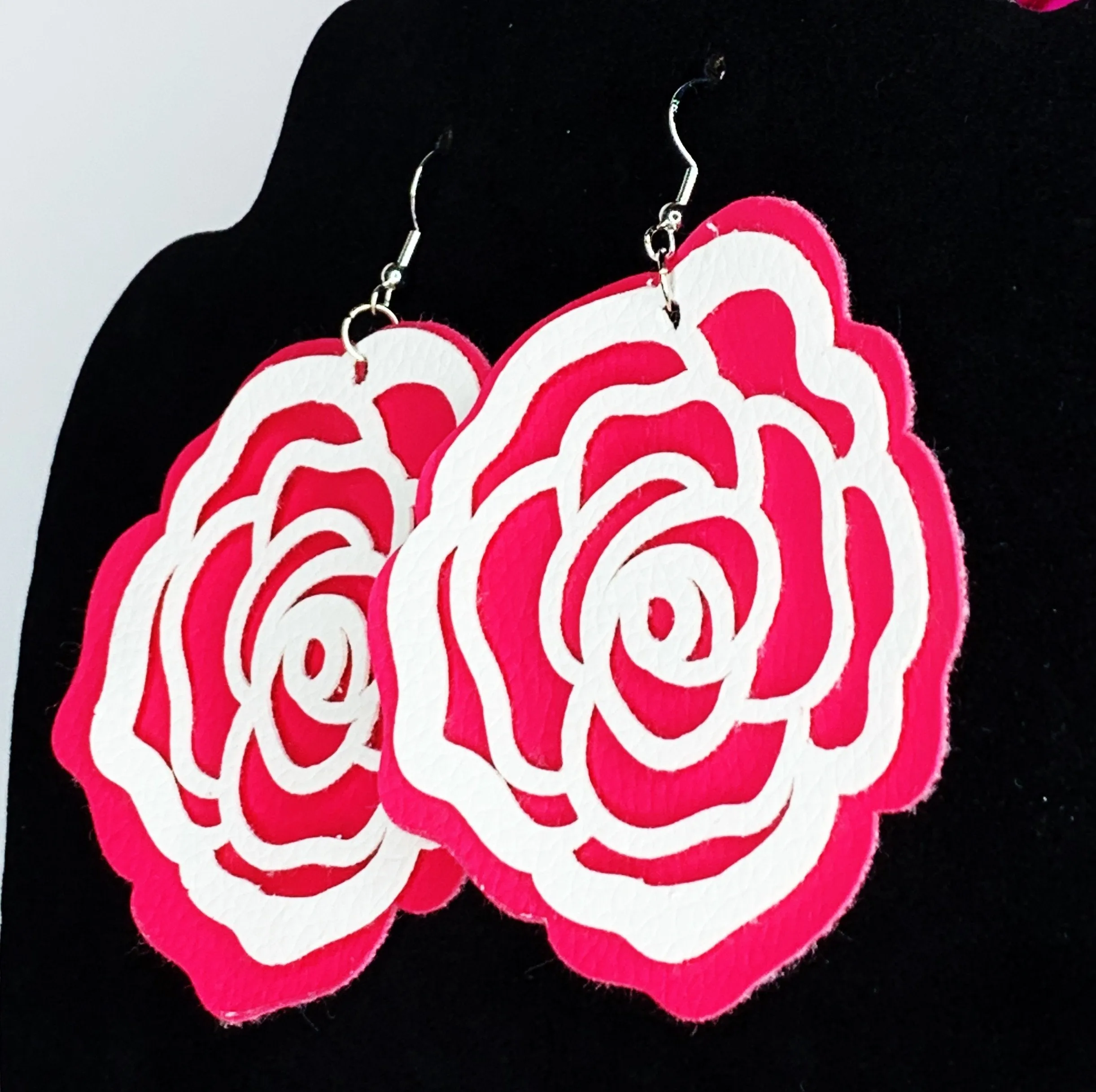 Pink and White Leatherette Bloom Earrings