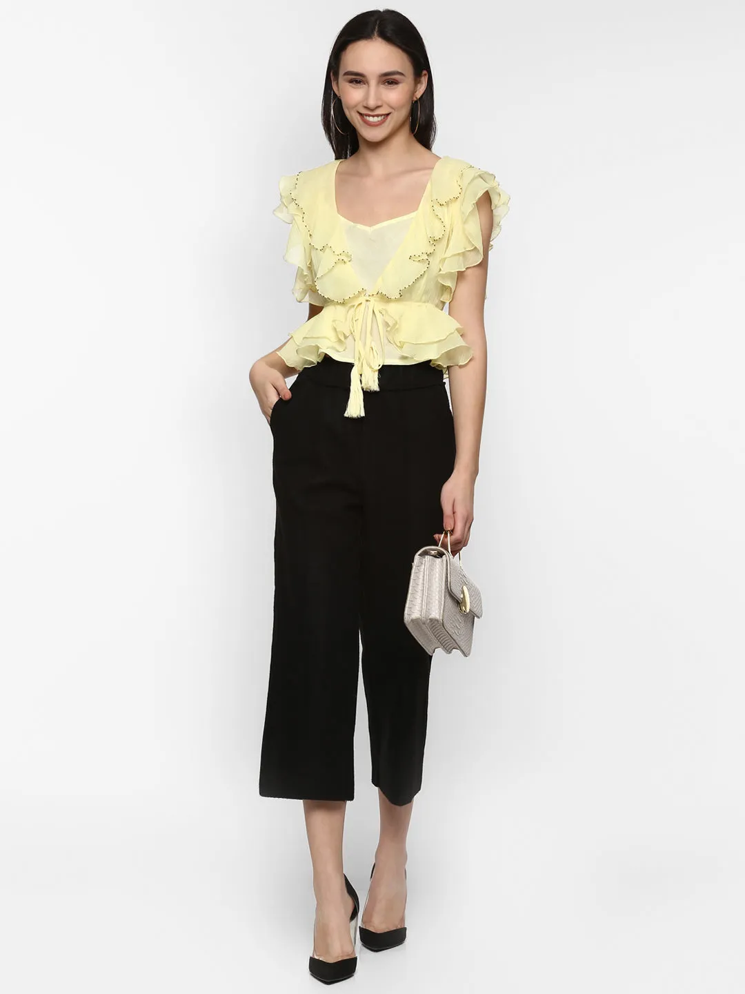 Porsorte Women Yellow Chiffon Shrug Top Without Lining