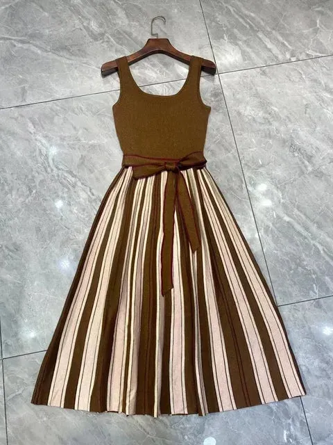 Pre Order:  Brown Halter Knitted Pleated Dress