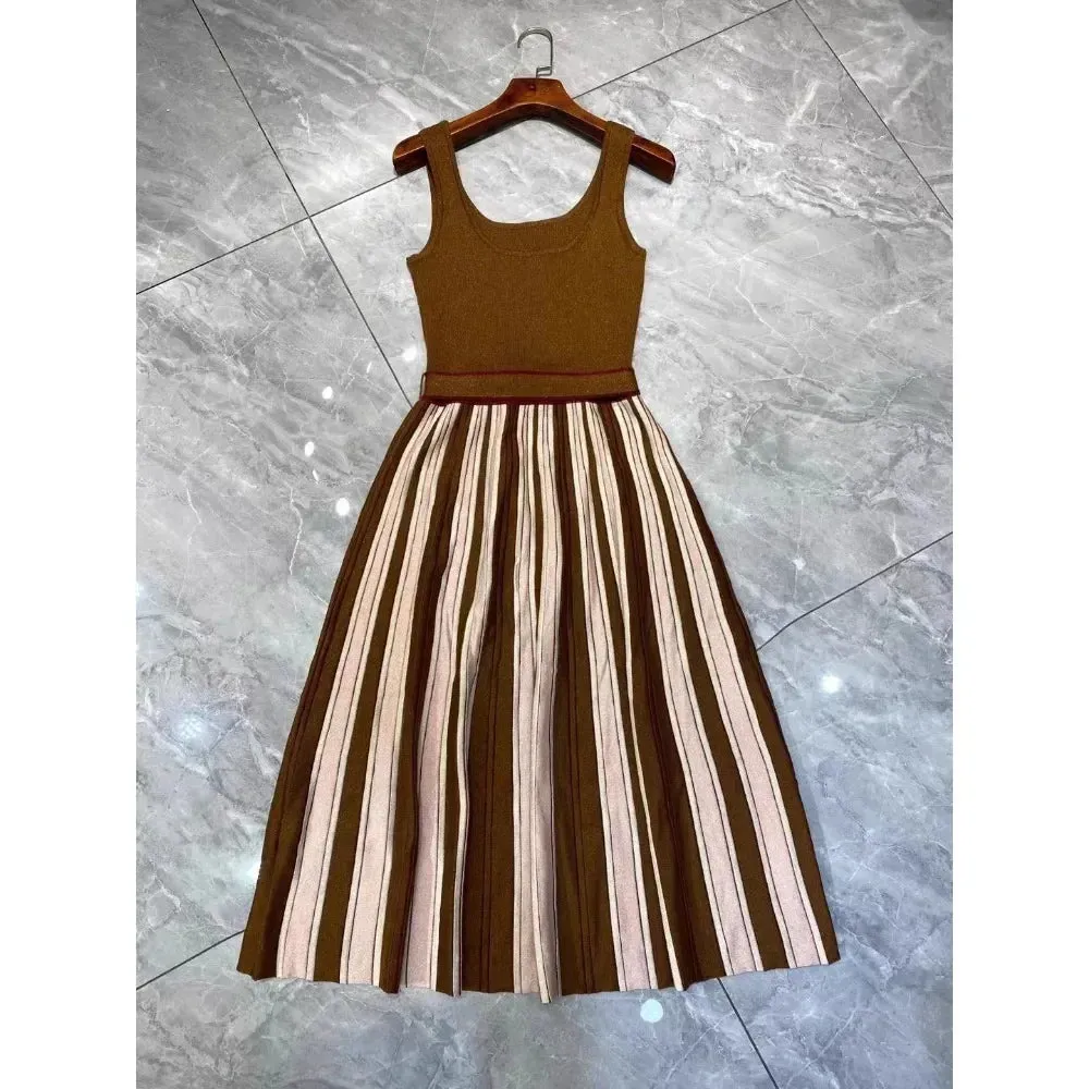 Pre Order:  Brown Halter Knitted Pleated Dress