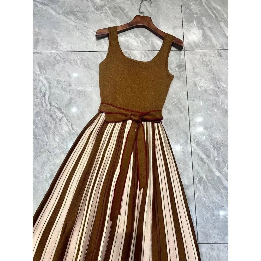 Pre Order:  Brown Halter Knitted Pleated Dress