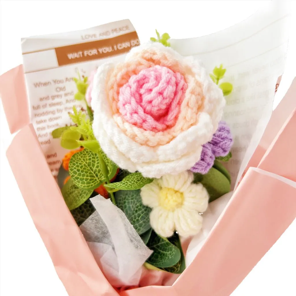 Rose Crochet Flowers Bouquet Knitted Flower Wrap with Light and Bag for Gift Home Decoration Ornaments