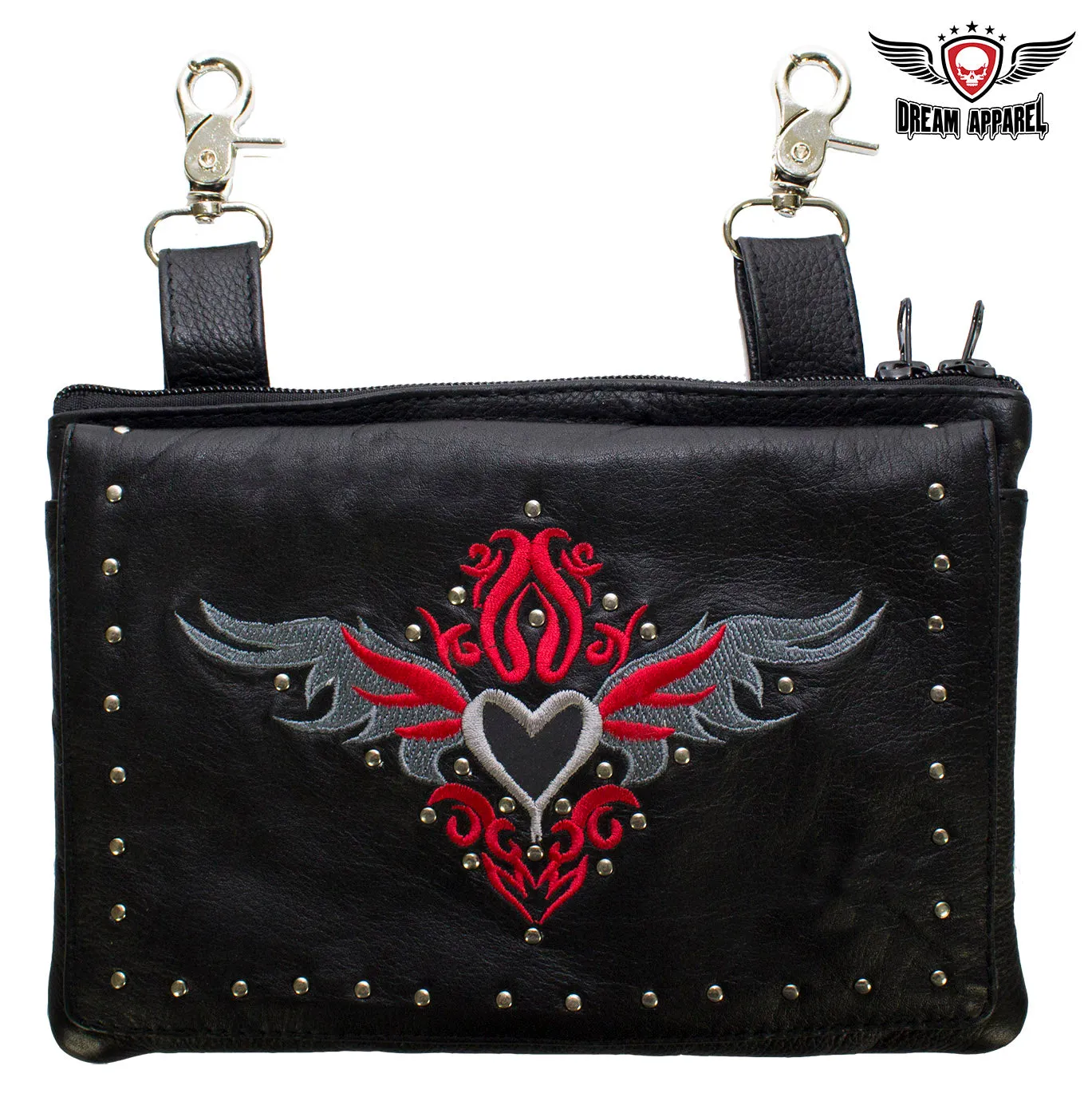 Studded Naked Cowhide Leather Gun Holster Belt Bag with Red & Silver Heart