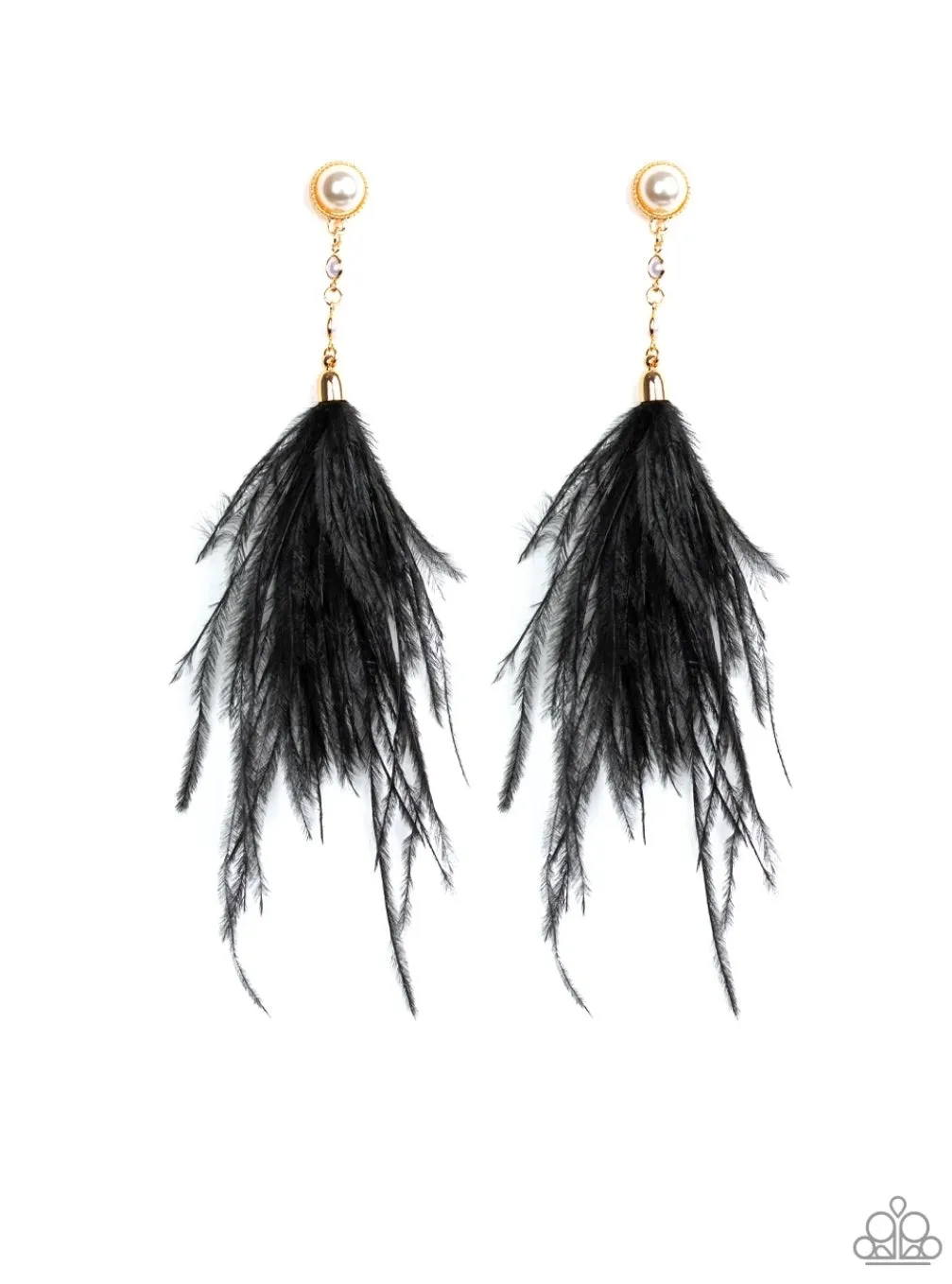 Vegas Vixen Black Feather Gold Post White Pearls Earrings - Paparazzi Earrings