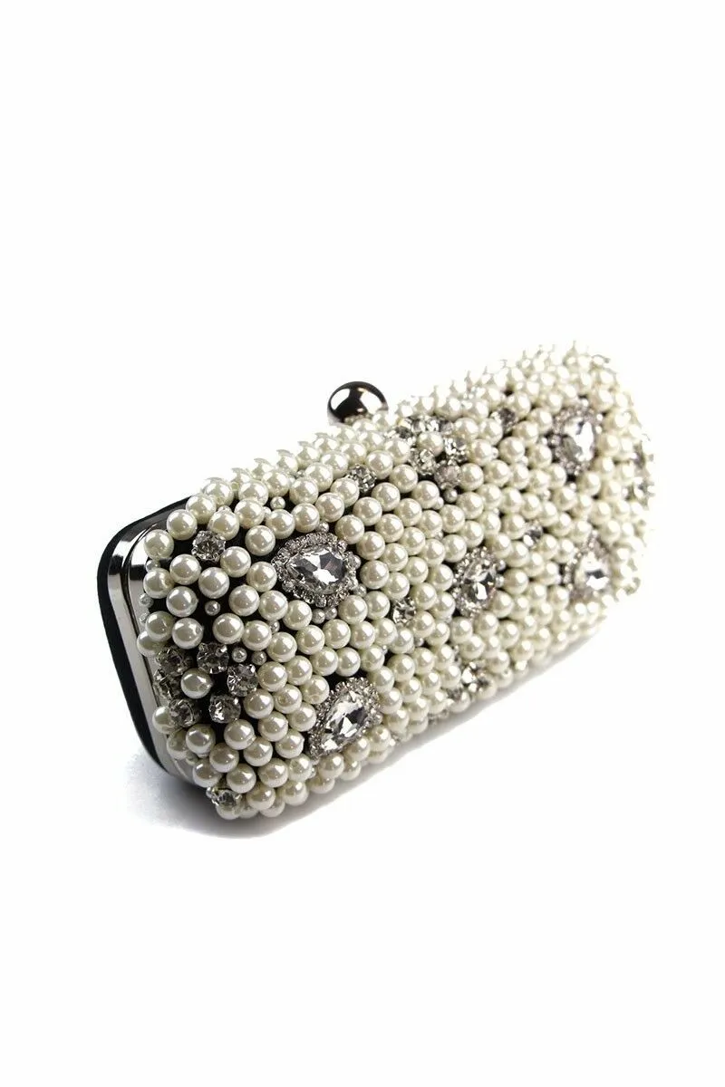 Womens Black Clutch Hand Bag Pearls Diamante Wedding Bridal